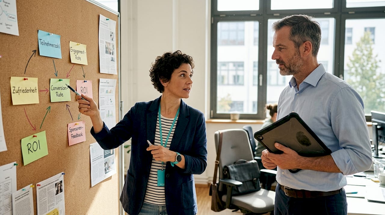 Ein Team bespricht gemeinsam die wichtigsten Kennzahlen zur Event-Analyse vor einem mit Notizen gespickten Pinnwand.