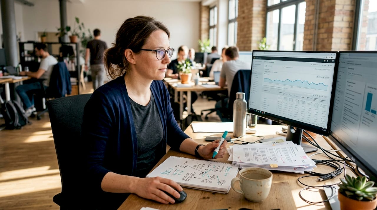 Eine Mitarbeiterin wertet in ihrem Büro die Daten zur Ereignisverfolgung aus.