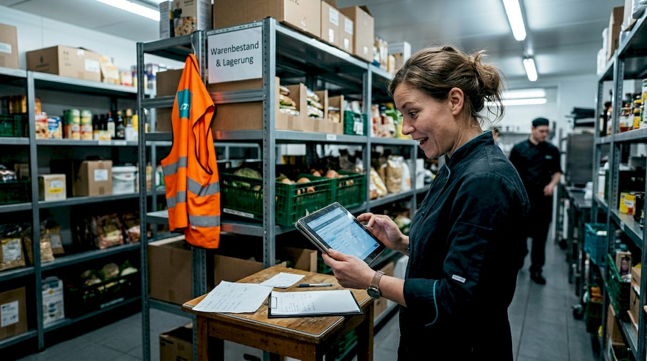 Die Küchenchefin verschafft sich einen Überblick über das neue digitale Lagersystem.