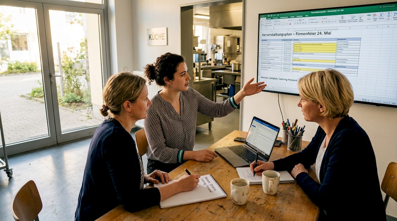 Die Catering-Verantwortlichen prüfen gemeinsam die Software für Veranstaltungen.
