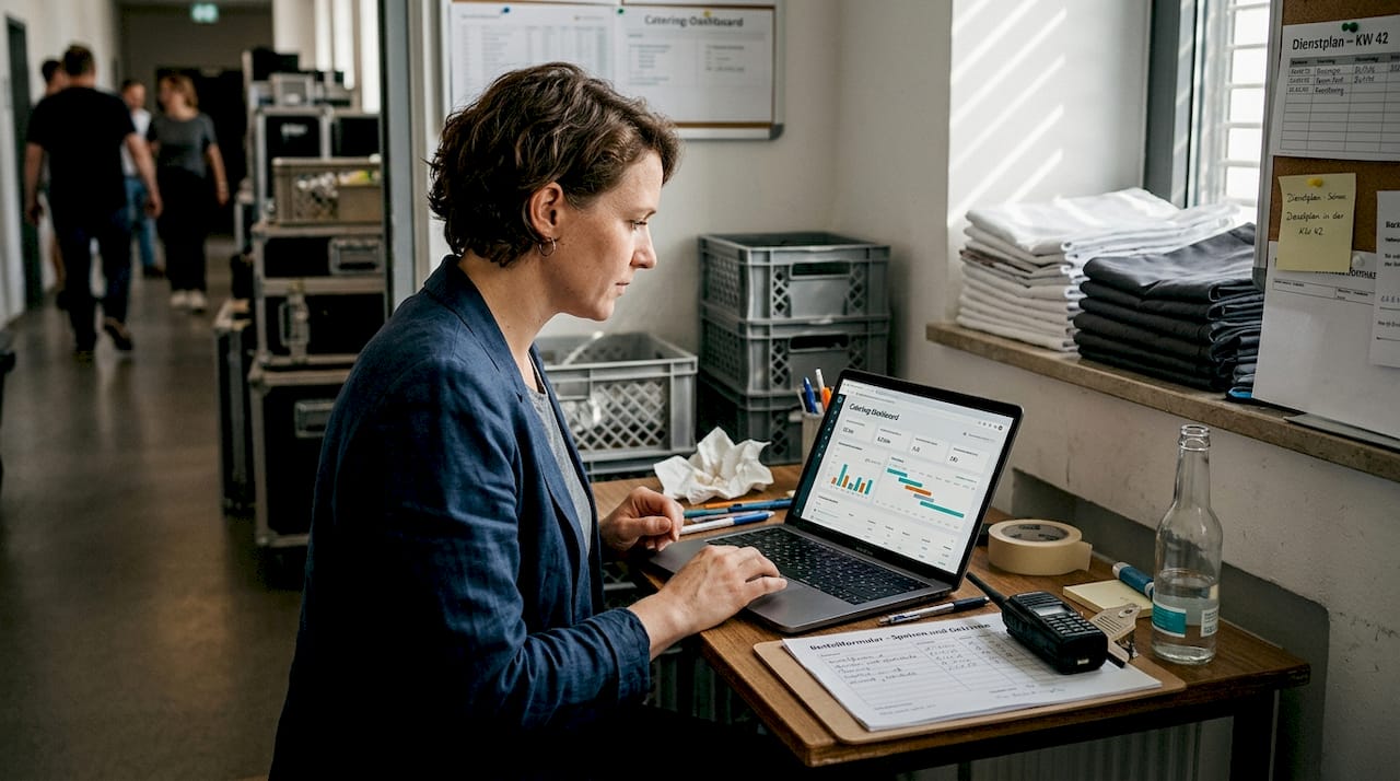 Ein Veranstaltungsplaner im Catering-Bereich nutzt digitale Tools, um Events effizient und reibungslos zu organisieren.