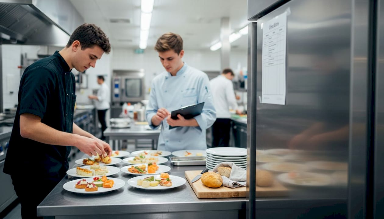 Das Catering-Team bereitet in der Hotelküche frisch die Speisen für die Gäste vor.