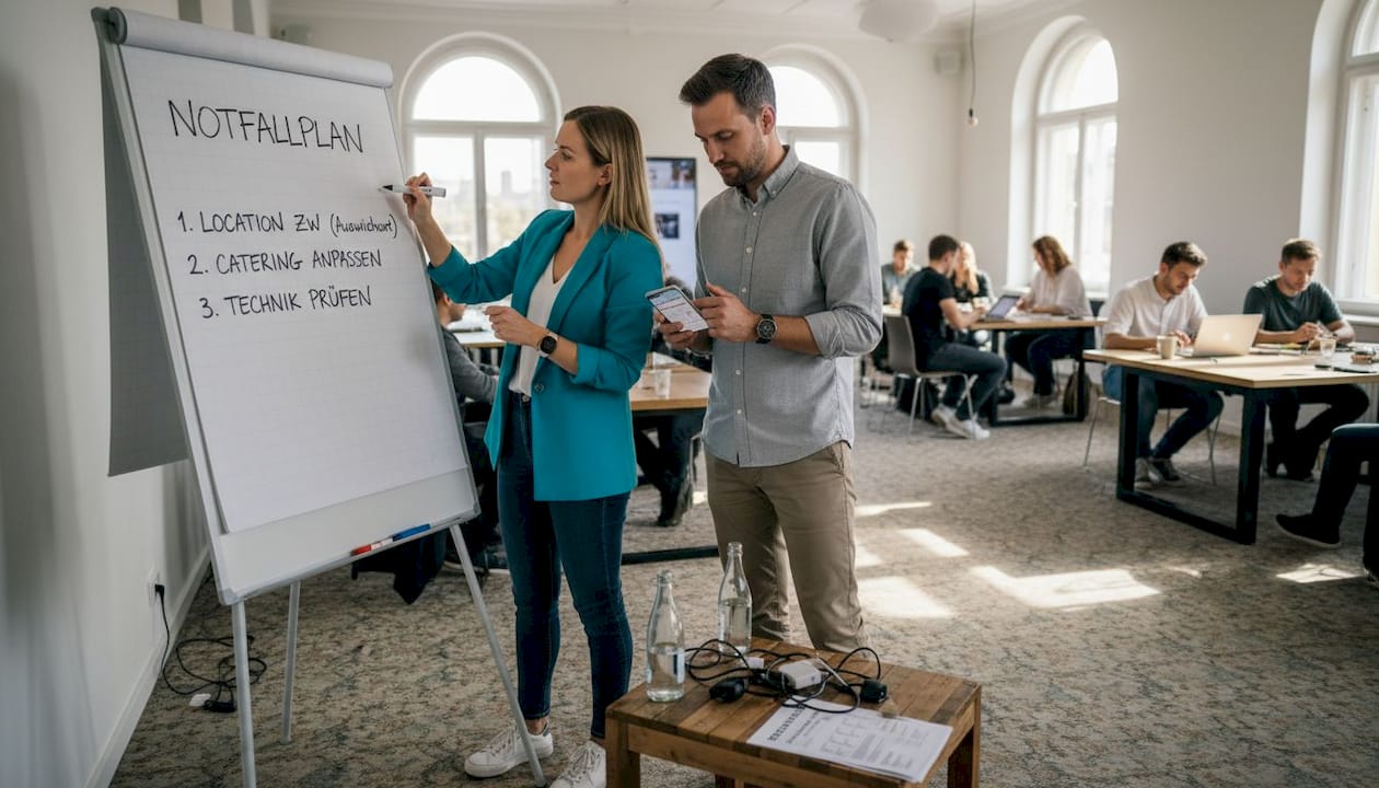 Führungskräfte beraten über Notfallpläne für Veranstaltungen.