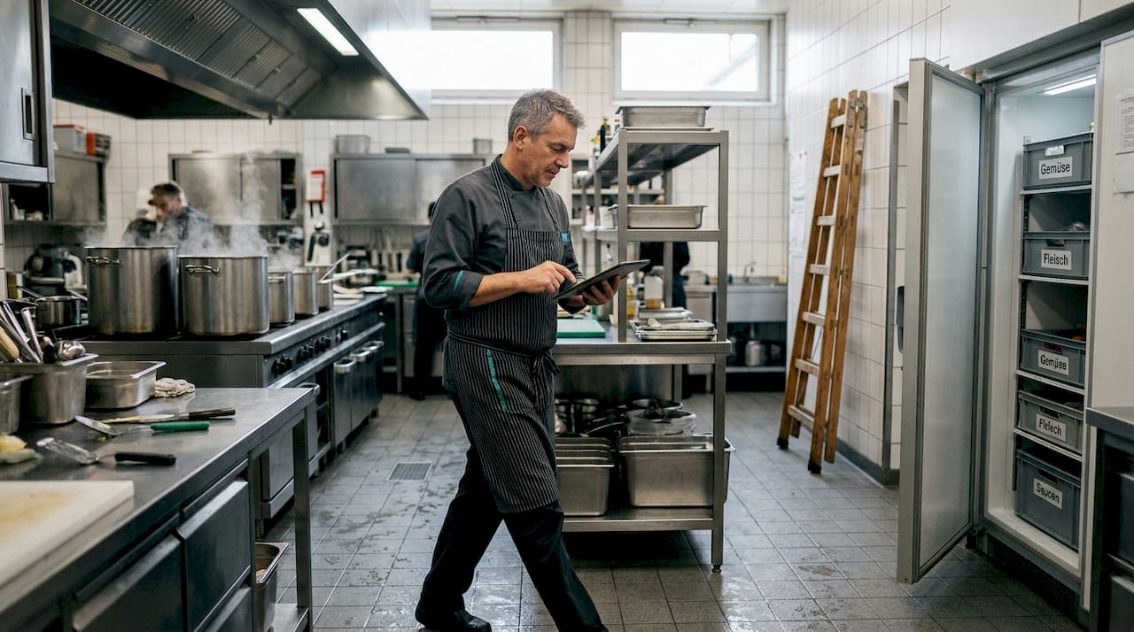 In einer aufgeräumten Küche arbeitet der Koch mit einem Tablet.