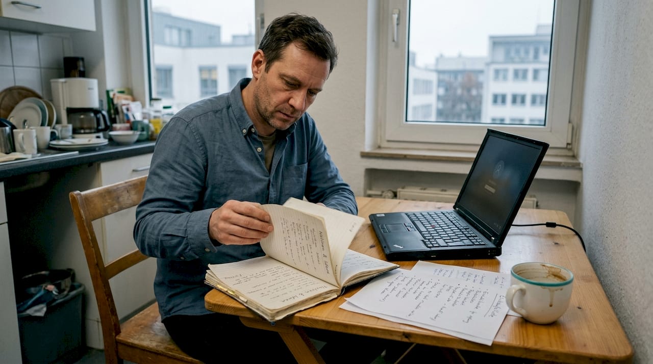 Ein Mann organisiert die Personaleinsatzplanung mit Stift, Papier und Laptop.