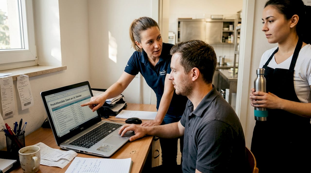 Das Catering-Team arbeitet gemeinsam an digitalen Abläufen.