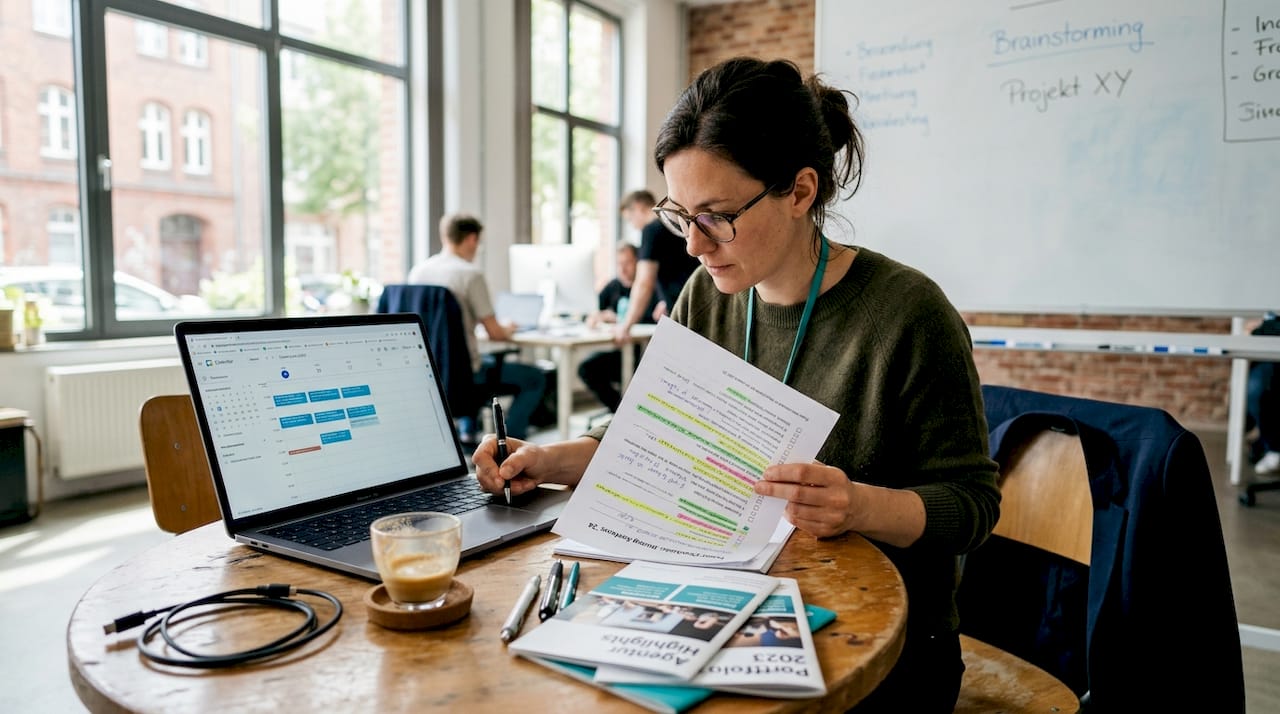 Eventmanager prüft seine Checkliste im hellen Büro