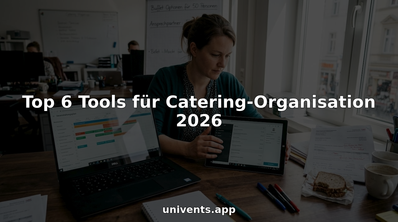 Am vollgepackten Schreibtisch plant die Catering-Managerin mit digitalen Tools den nächsten Einsatz.