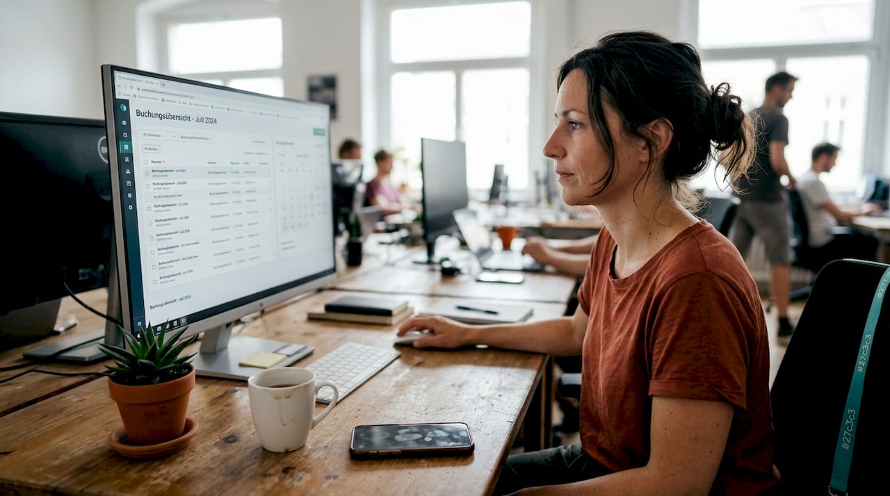 Eine Frau organisiert ihre Veranstaltung mithilfe einer Event-Software im Coworking Space.