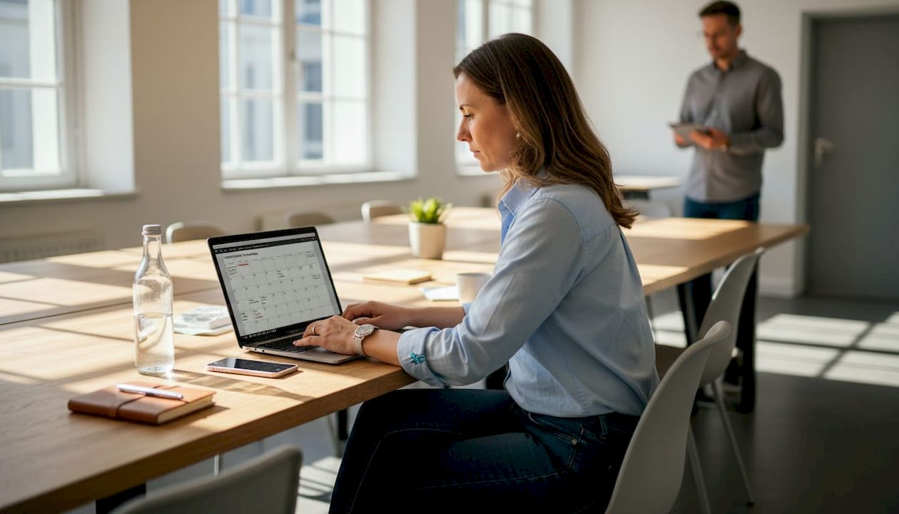 Ein Veranstaltungsmanager plant und koordiniert die Einsatzzeiten seines Teams im Büro.