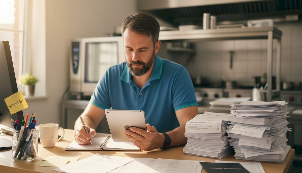 Die Catering-Managerin prüft die automatisch eingegangenen Bestellungen.