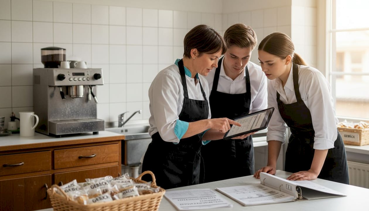 Im Pausenraum stellt die Teamleiterin ihren Kolleginnen und Kollegen die neue Catering-Software vor.