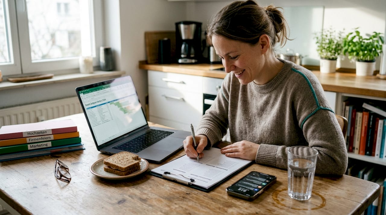 Eine Eventmanagerin geht am Küchentisch noch einmal sorgfältig die Checkliste fürs Catering durch.