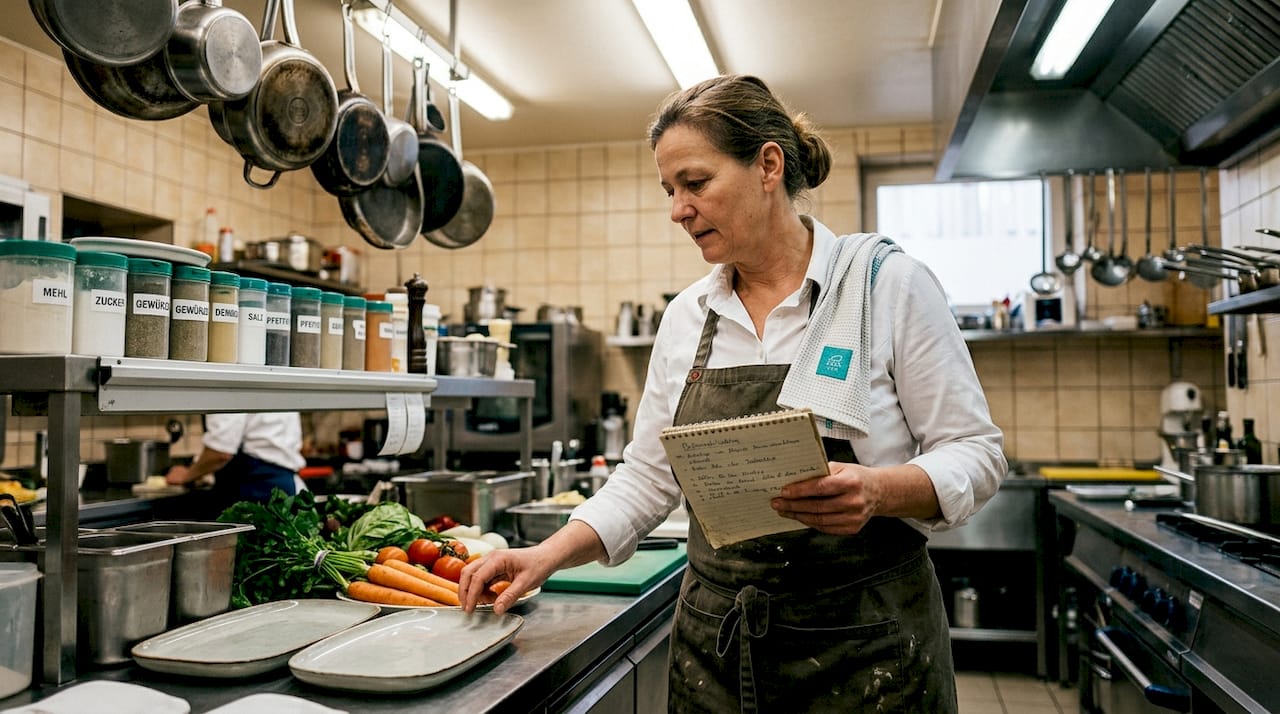 Inmitten des geschäftigen Treibens in der Küche tüftelt der Küchenchef am Menü für die nächste Veranstaltung.