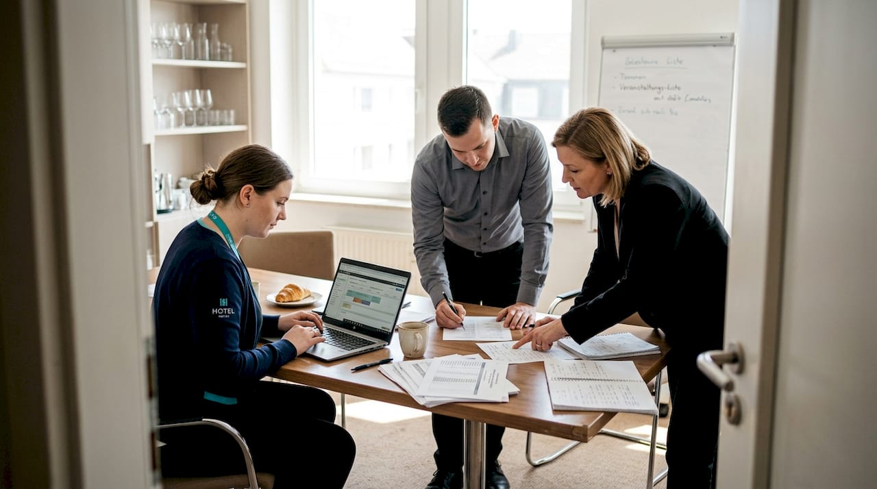 Hotelmitarbeiter prüfen die Unterlagen zur Veranstaltungsplanung.