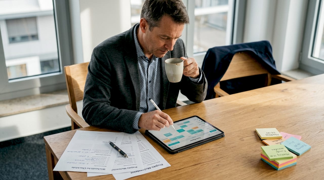 Ein Mitarbeiter überprüft den Einsatzplan des digitalen Event-Teams.