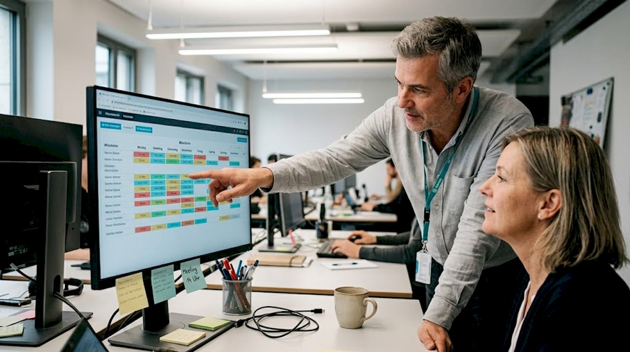 Im Büro tauschen sich Kollegen über die digitale Einsatzplanung aus.
