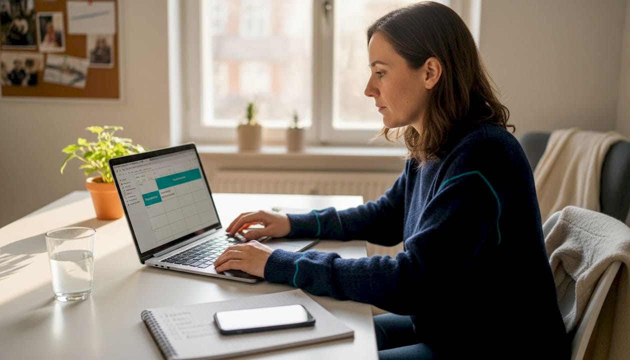 Eine Frau organisiert am Schreibtisch mit Hilfe spezieller Software ein Event.