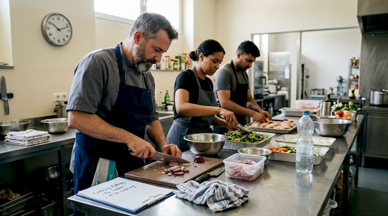 Das Catering-Team bereitet in der Küche frische Speisen vor.