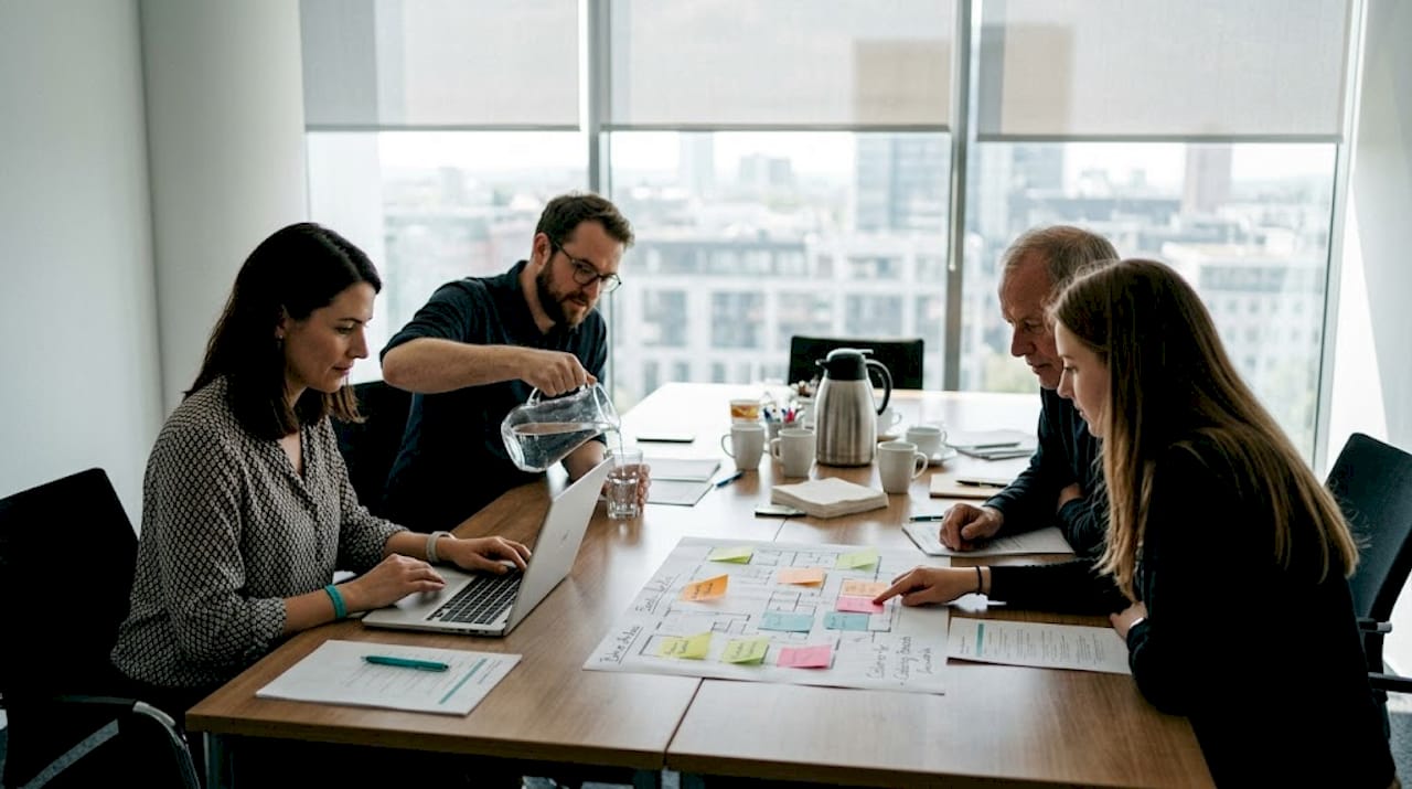 Ein Team sitzt gemeinsam am Konferenztisch und plant das bevorstehende Projekt.