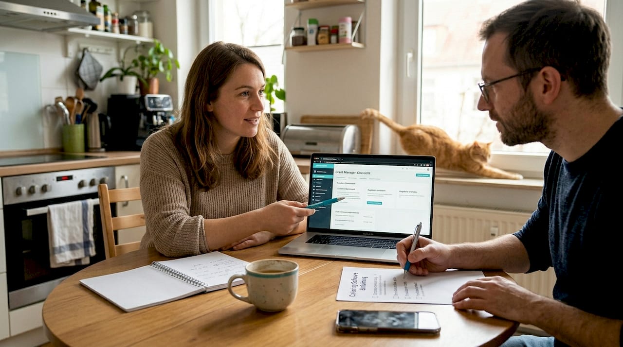 Ein Team sitzt gemeinsam am Tisch und arbeitet mit einer Software zur Verwaltung von Catering-Finanzen.