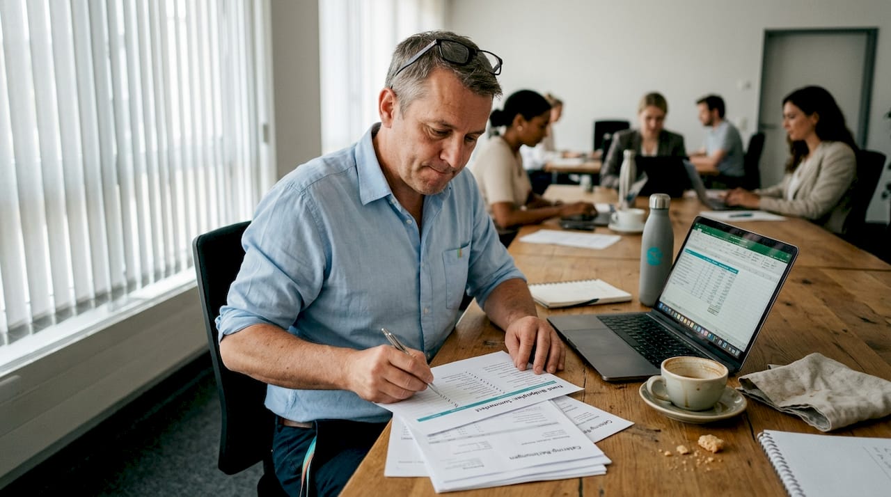 Die Leitung des Caterings überprüft die Budgetplanung direkt vor Ort im Büro.