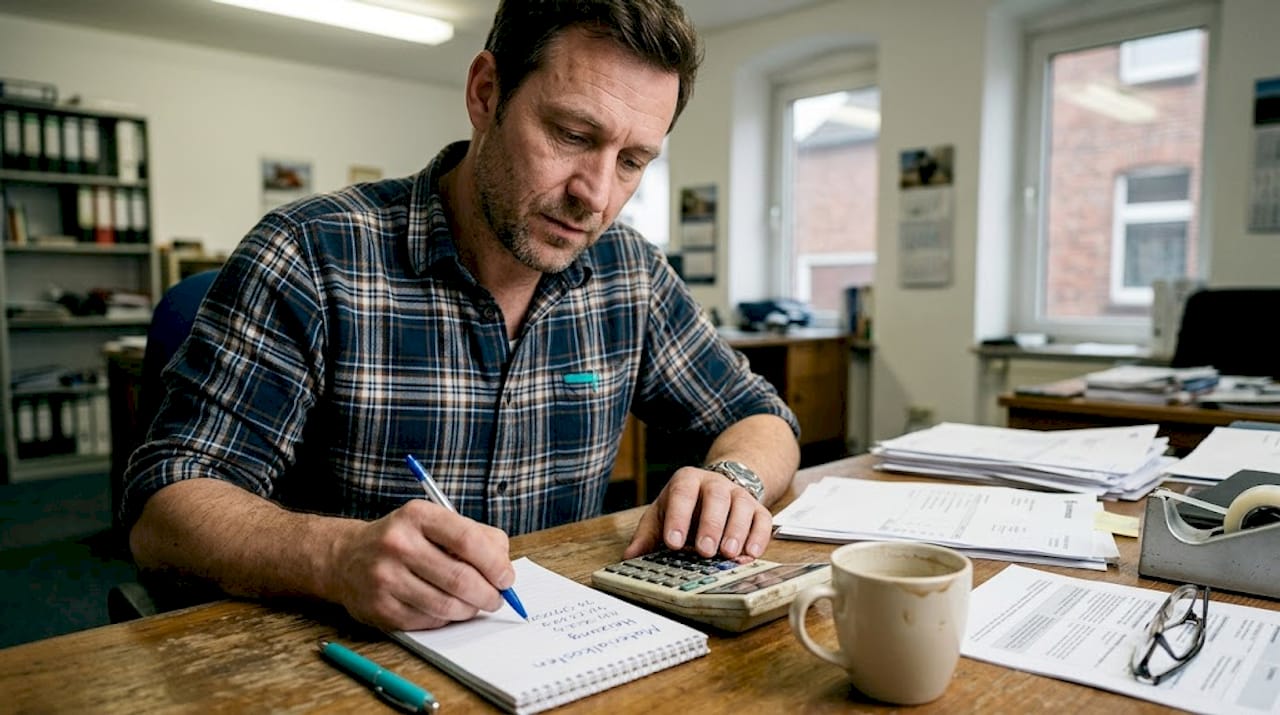 Ein Eventmanager kalkuliert den finanziellen Puffer fürs Budget mit dem Taschenrechner ganz genau durch.