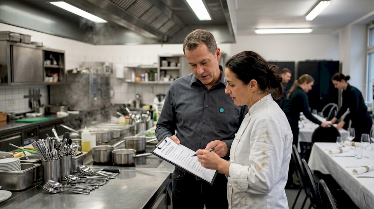 Vor einer Catering-Veranstaltung stimmen sich der Veranstaltungsmanager und der Küchenchef gemeinsam ab, um einen reibungslosen Ablauf zu gewährleisten.