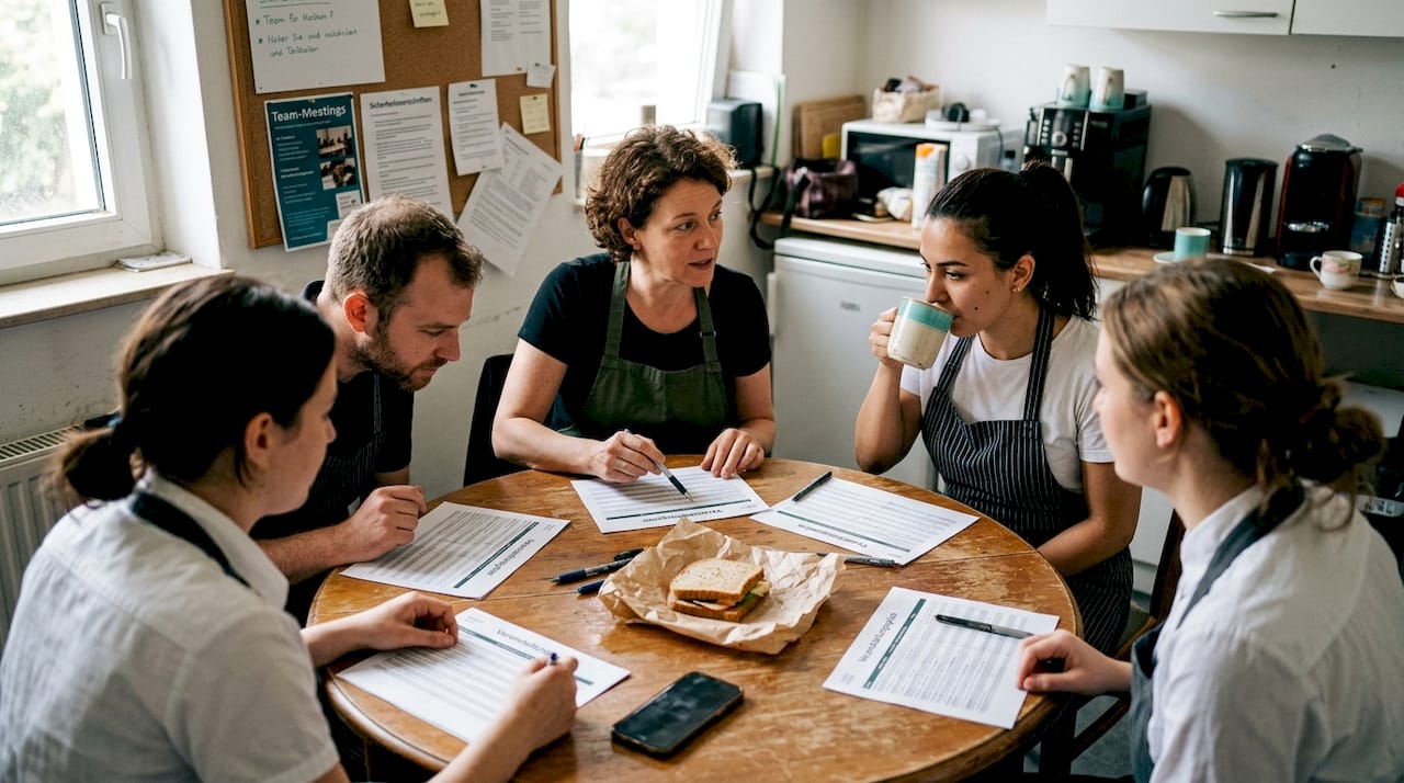 Das Team des Restaurants bespricht gemeinsam die Planung der bevorstehenden Veranstaltung.