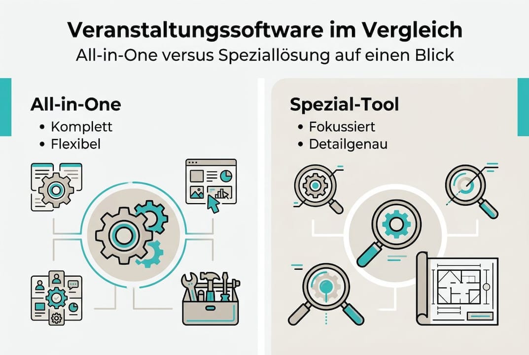 Infografik: Alleskönner vs. Speziallösungen – ein Überblick der wichtigsten Tools