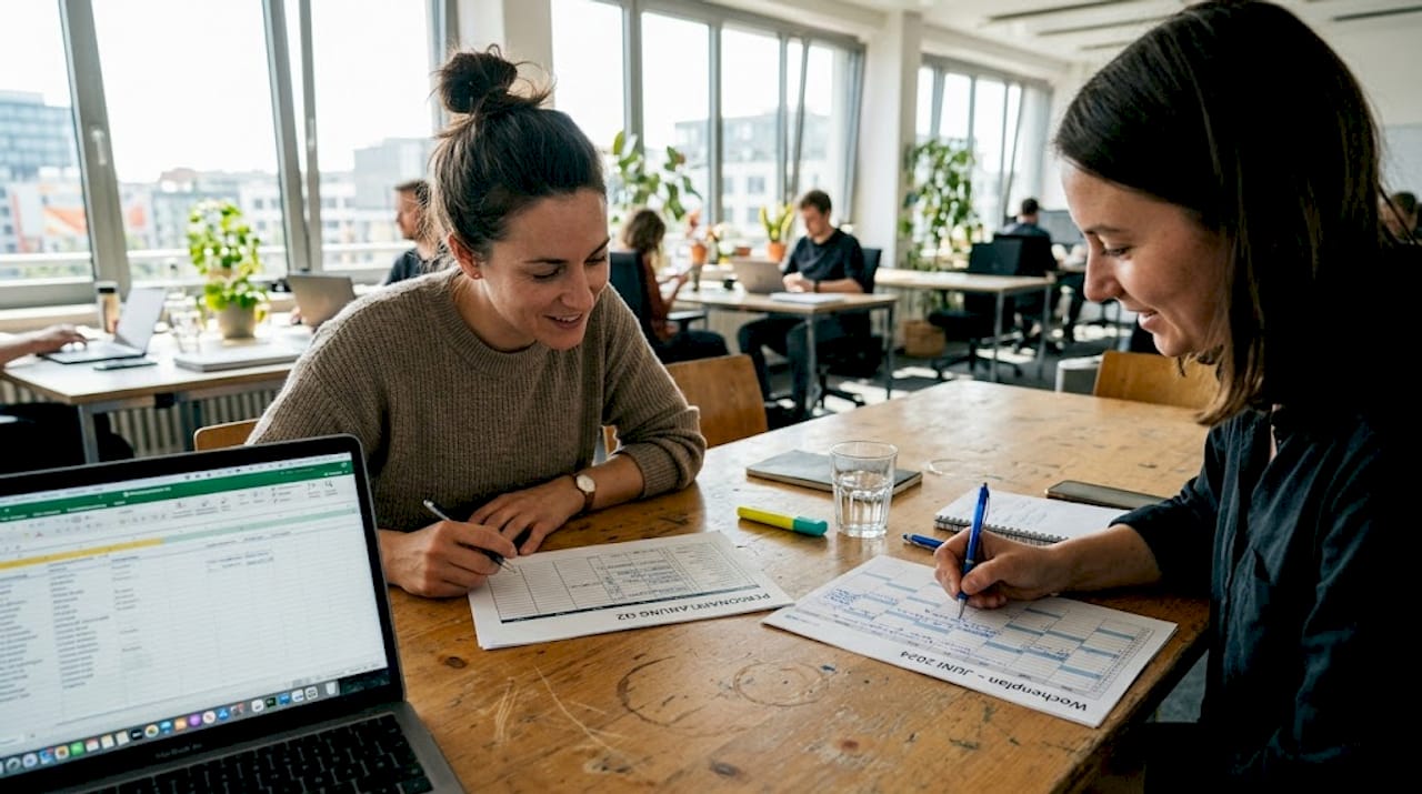 Das Team bespricht gemeinsam am Konferenztisch die Personalplanung.