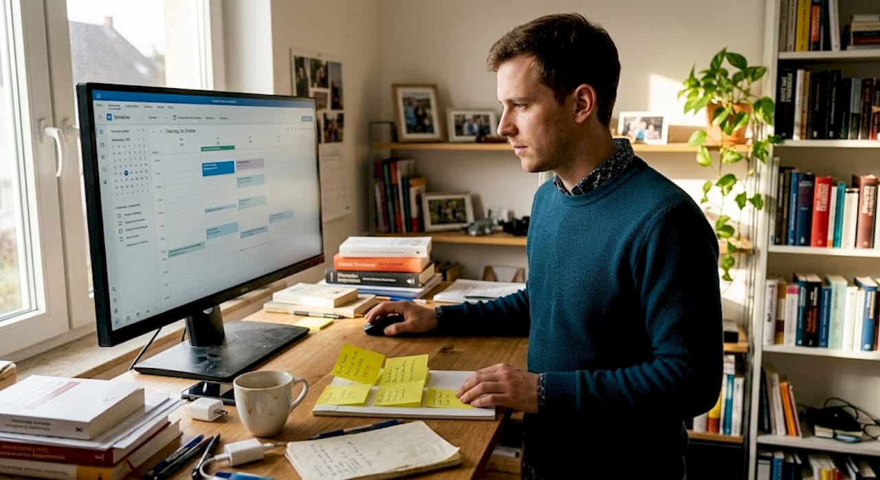 Mitarbeiter organisieren ihren Arbeitsplan bequem vom Schreibtisch im Homeoffice aus mit einer praktischen App.