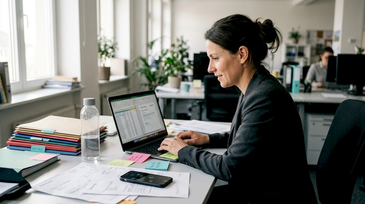 Eine Frau sichtet am Schreibtisch verschiedene digitale Angebote.
