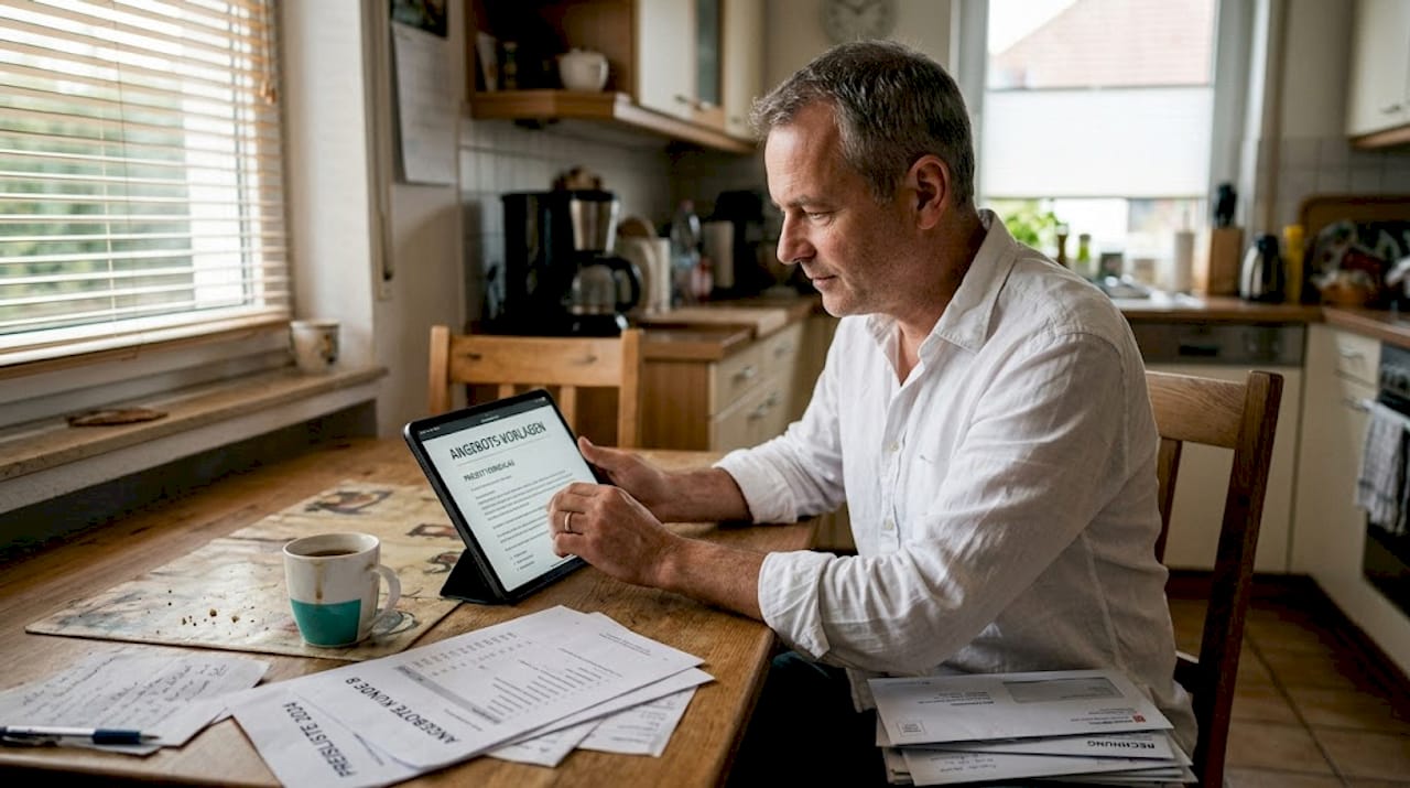 Ein Mann arbeitet am Küchentisch mit einer Software zur Angebotserstellung.