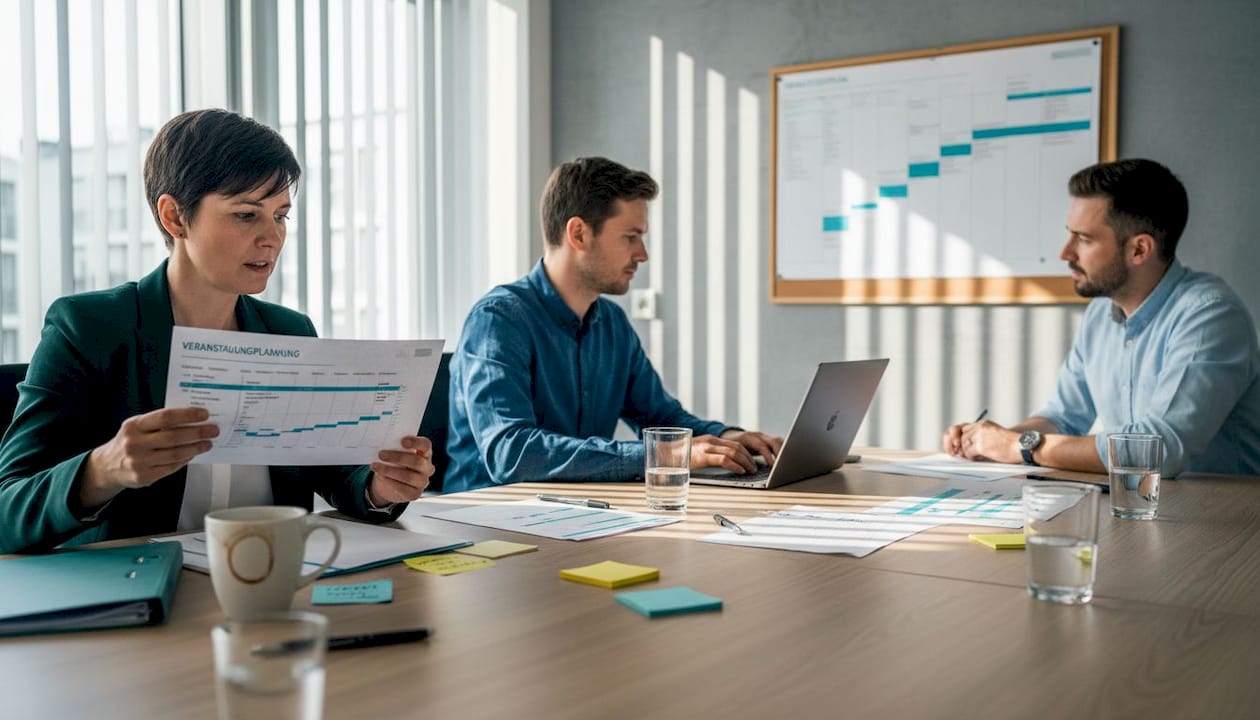 Das Organisationsteam sitzt gemeinsam am Konferenztisch und plant die nächsten Veranstaltungsschritte.