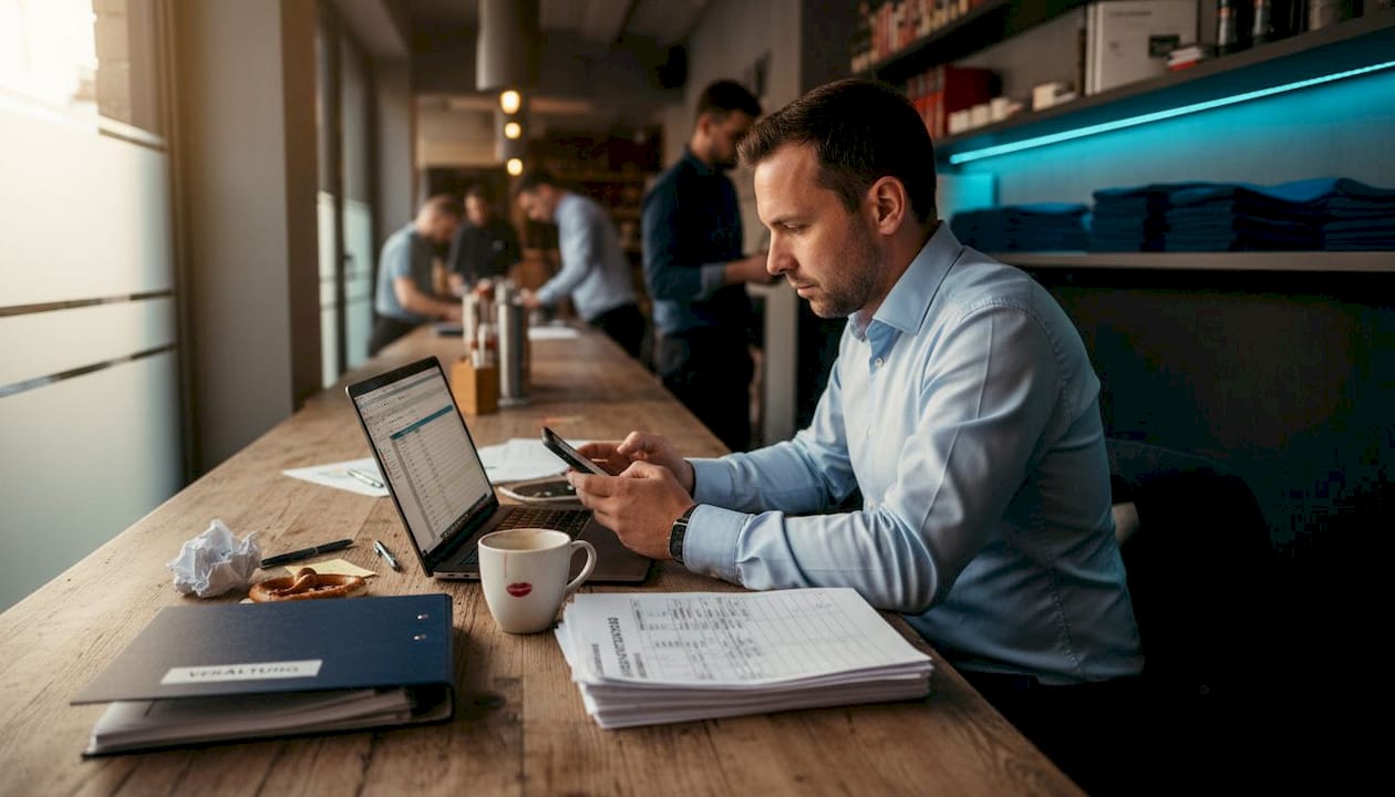Ein Veranstaltungsmanager prüft im Büro die Terminpläne und sorgt dafür, dass alles reibungslos abläuft.