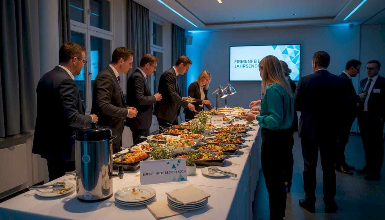 Beim lockeren Beisammensein am Buffet kommen die Gäste miteinander ins Gespräch und knüpfen neue Kontakte.
