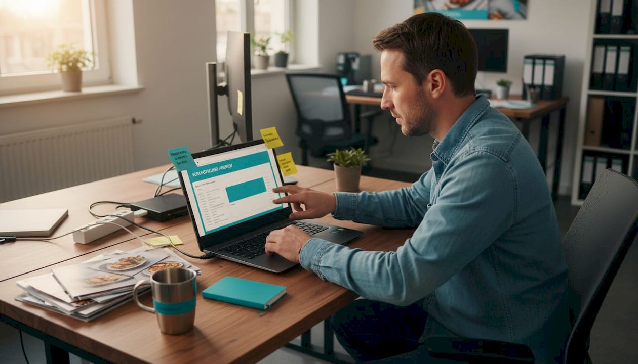 Ein Eventmanager überarbeitet im Büro ein Angebot.