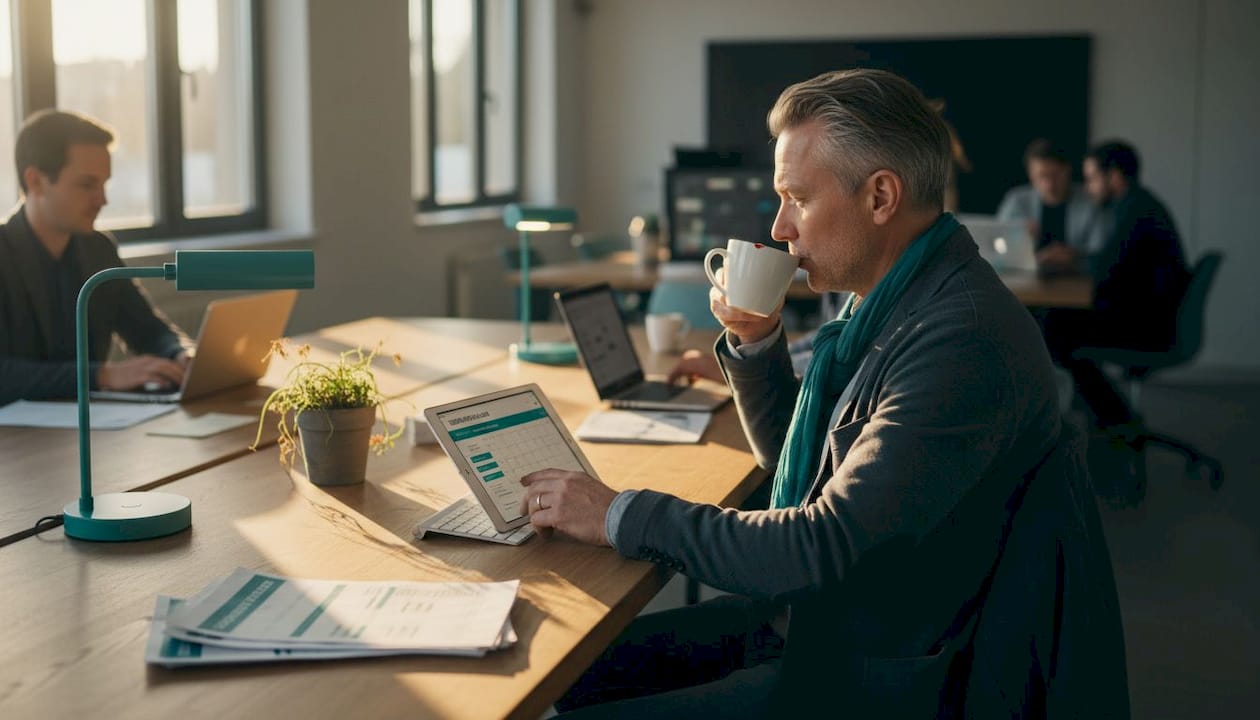 Ein Eventmanager überprüft im Büro die neuesten Informationen auf seinem Tablet.