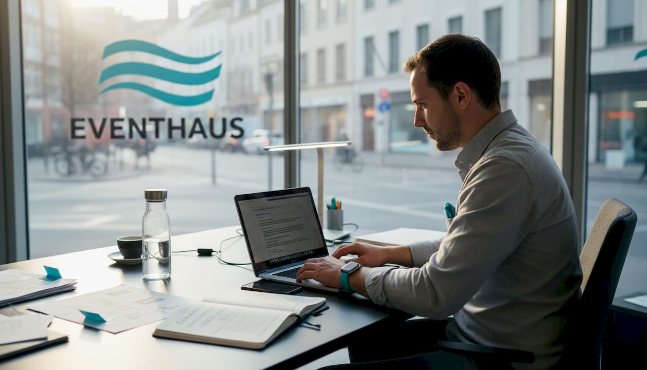 Ein Eventmanager plant das Catering bequem vom Schreibtisch aus mit einer speziellen Software.