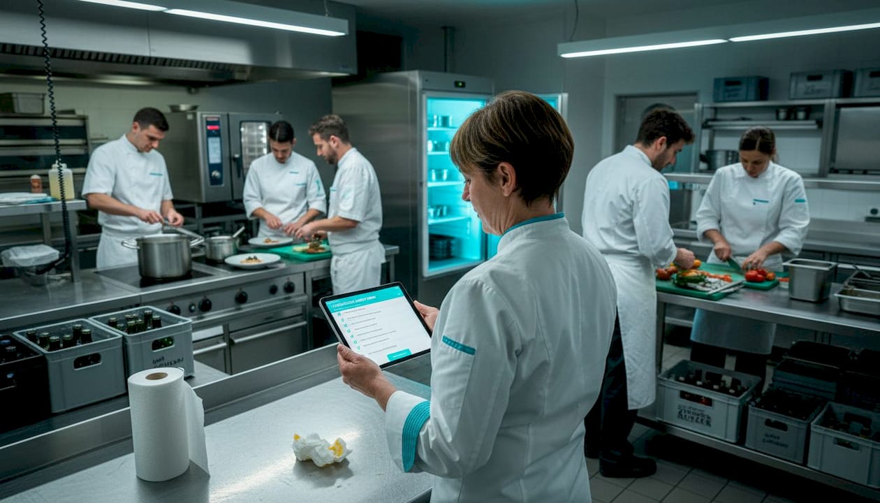 Die Küchenchefin steuert den Ablauf in der Eventküche mit ihrem Tablet.