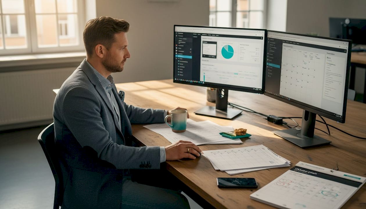 Ein Veranstaltungsmanager prüft die Benutzeroberfläche eines digitalen Terminplanungstools.