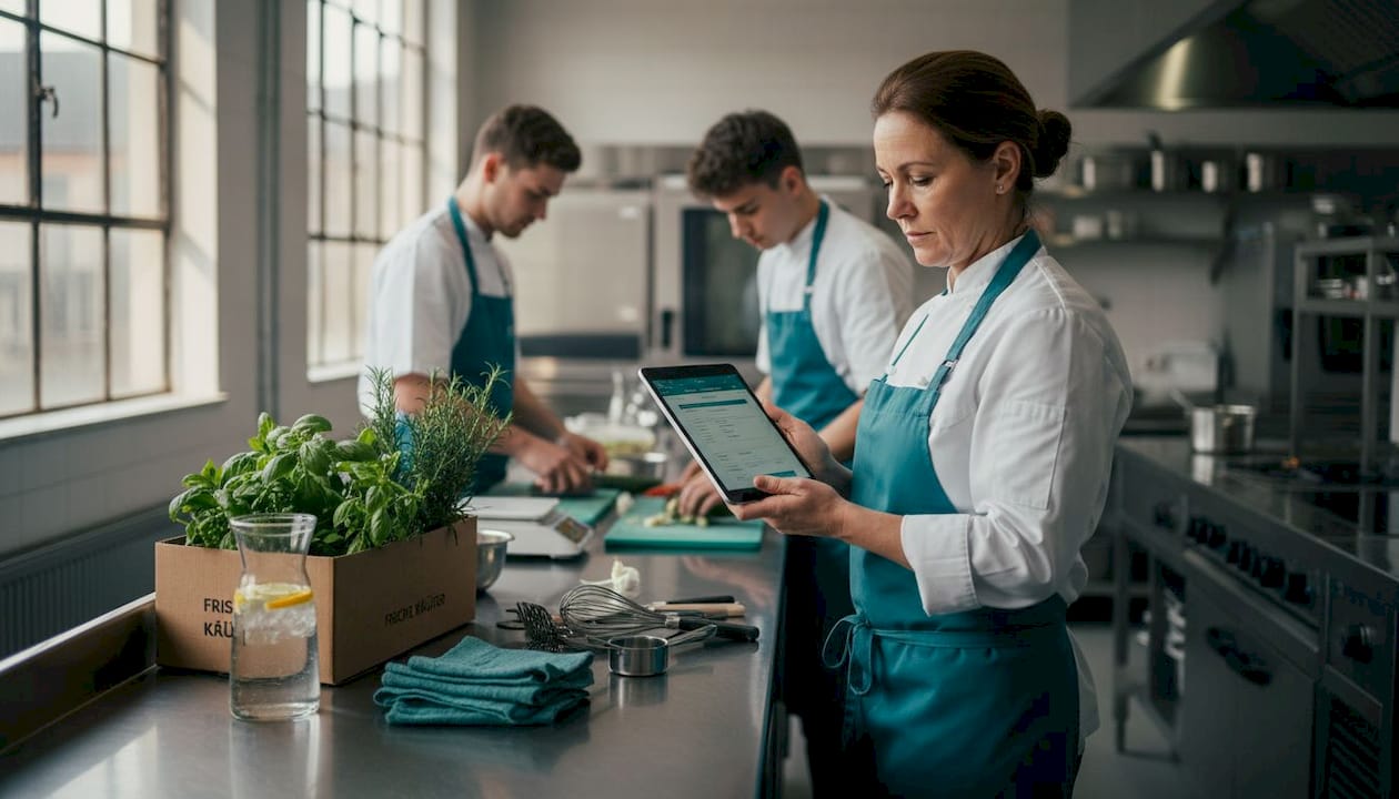Die Küchenchefin steuert den Ablauf in der Cateringküche mithilfe eines Tablets.