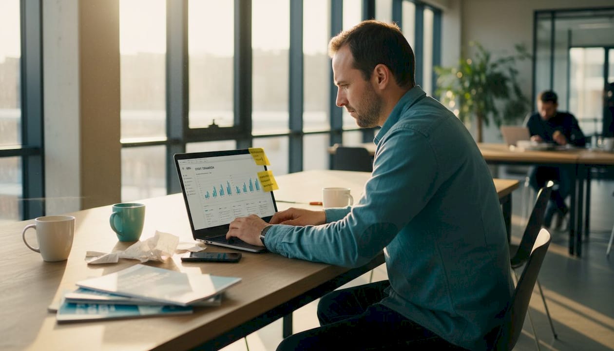 Eine Eventmanagerin prüft am Laptop die aktuellen Finanzzahlen.