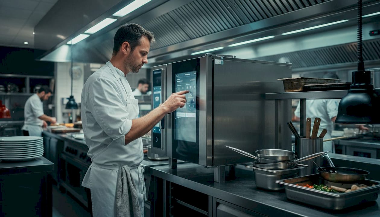 Der Küchenchef arbeitet mit einem modernen Kombidämpfer und setzt so innovative Technik in der Küche ein.