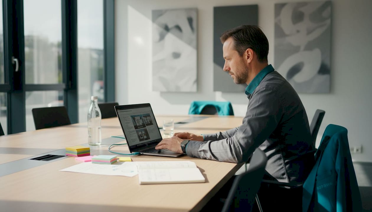 Ein Eventmanager sitzt im Konferenzraum und arbeitet konzentriert an seinem Laptop.