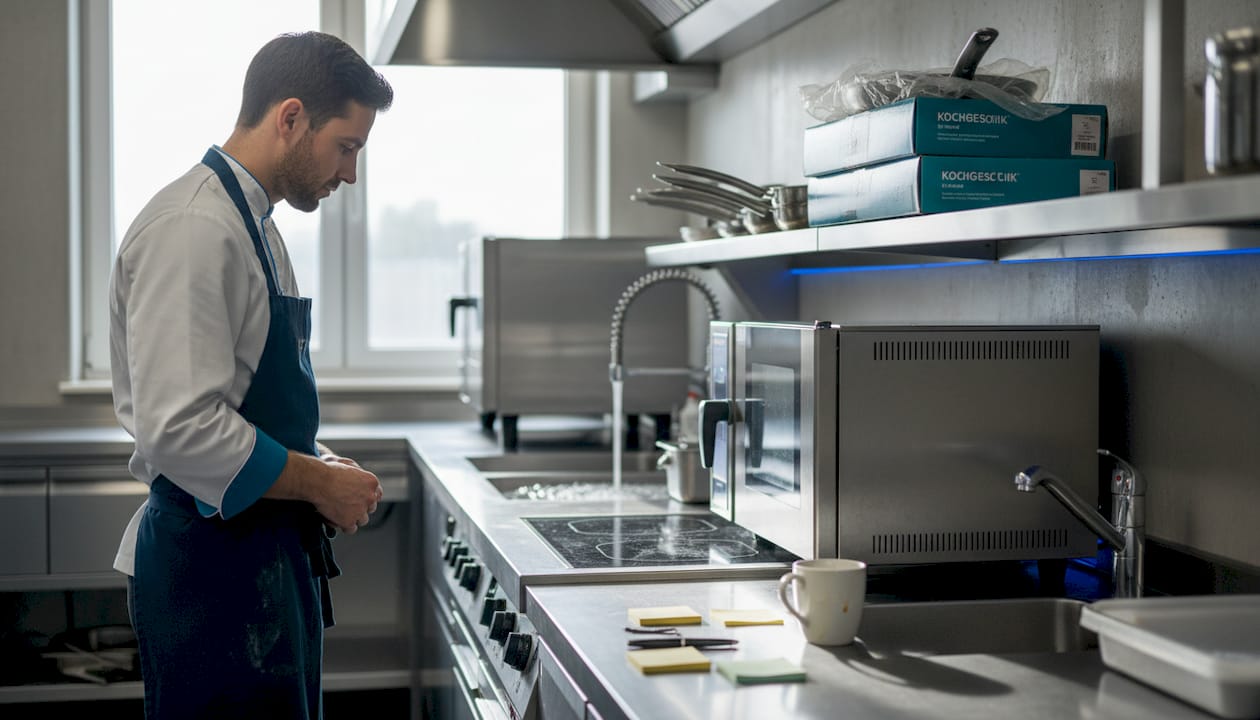 Der Küchenleiter kontrolliert regelmäßig die technischen Geräte in der Großküche, um einen reibungslosen Ablauf sicherzustellen.