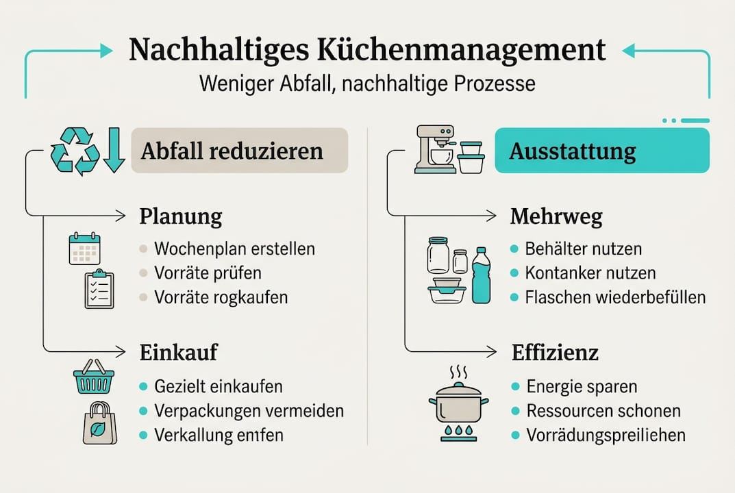 Übersichtliche Infografik zum nachhaltigen Umgang in der Küche – klar gegliedert nach Themenbereichen