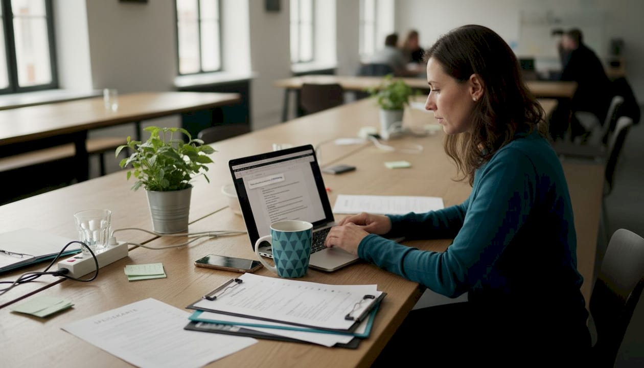Eine Frau schaut sich im Coworking-Space ein Angebot am Laptop an.