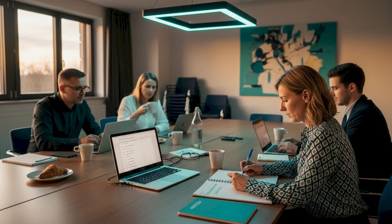 Das Team wertet am Arbeitsplatz das Feedback zur Veranstaltung aus.